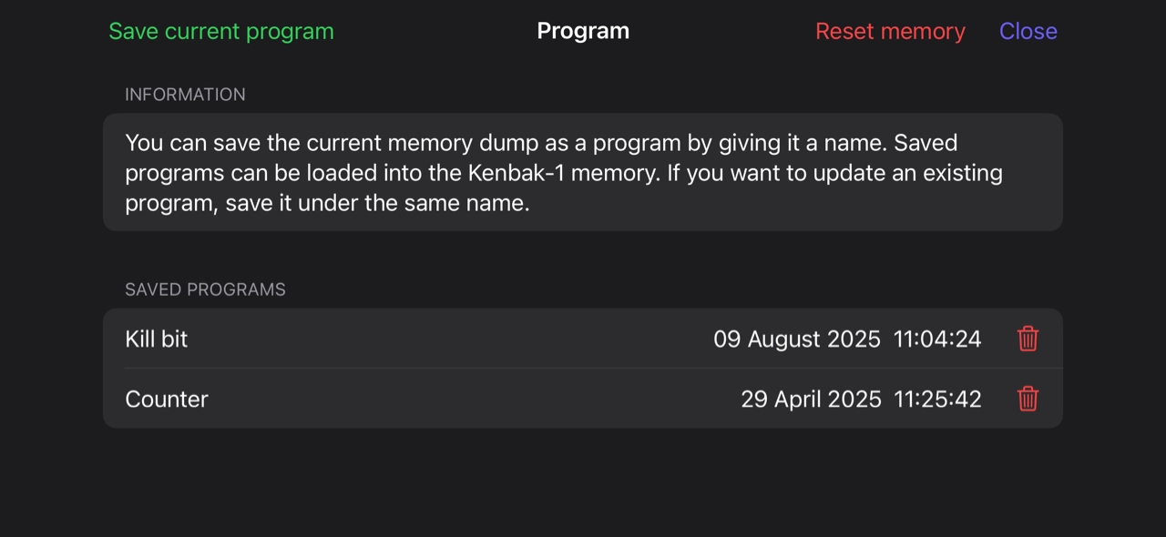 Экран Program с возможностью сохранения и выгрузки программ